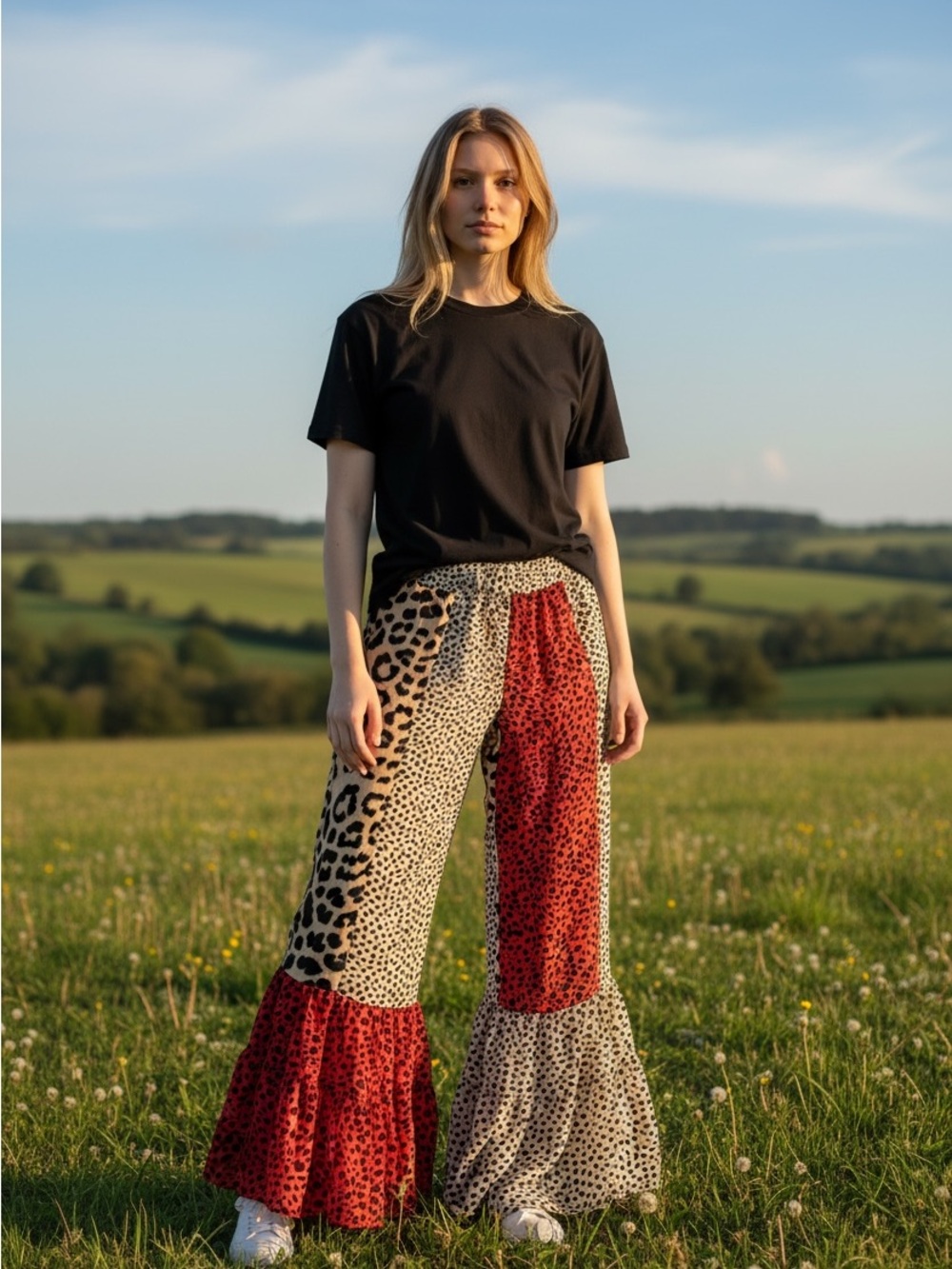 Umgee Wide Leg Patchwork Animal Print Pants in Red, Cream, Tan